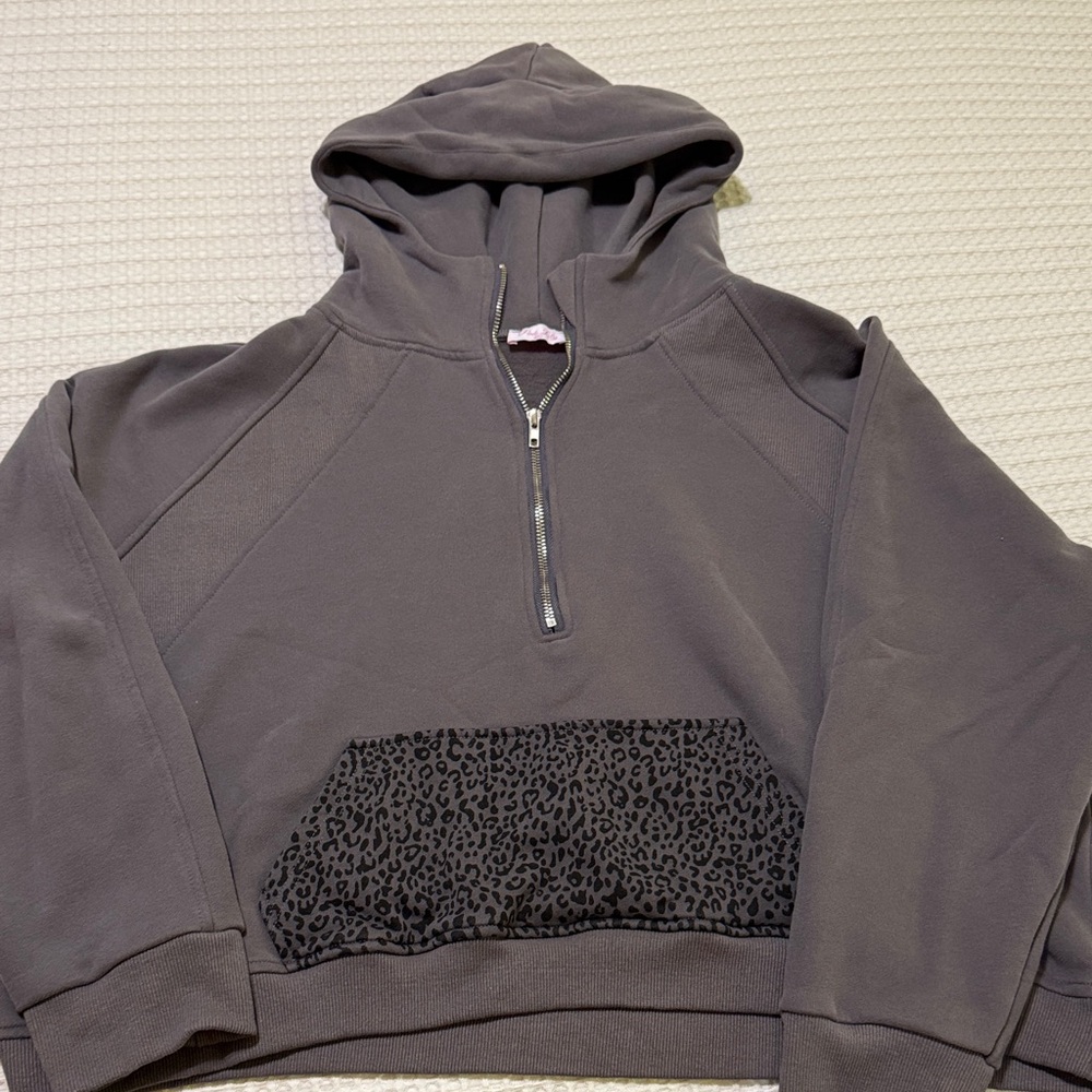Quarter Zip Hoodie w/ Leopard Print pocket detail!